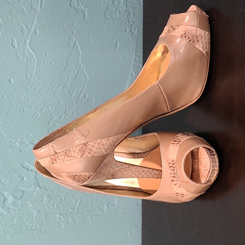 Tan, snakeskin peep-toe heels